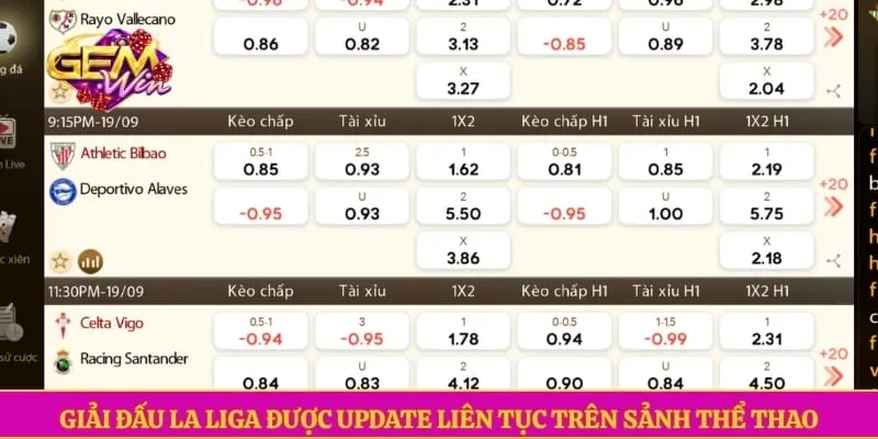 Thể thao GEMWIN Giải đấu La Liga được update liên tục trên sảnh thể thao